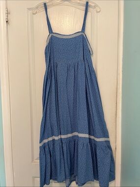 Vintage summer prairie dress ditsy cornflower Blue with Lace Trim